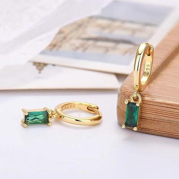 Sterling Silver Gold Dangle Rectangle Emerald Earring,14K Gold Plated Hoop Green - Picture 1 of 2